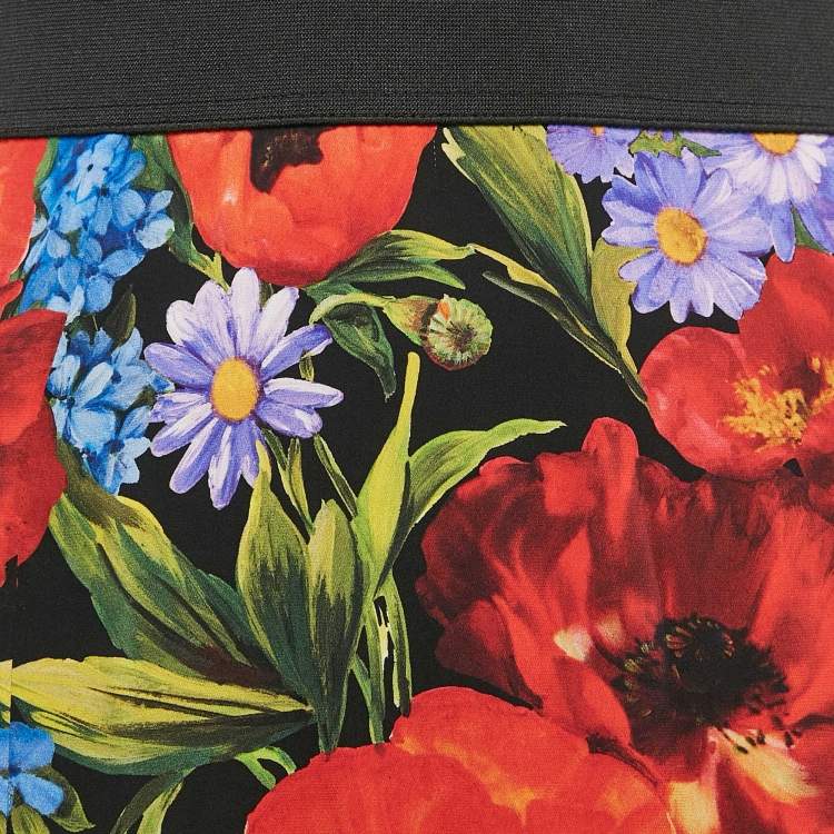 Pre Owned Dolce & Gabbana Black/Red Floral Print Silk Flared Midi Skirt M