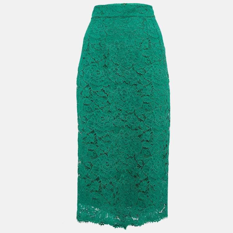 Pre Owned Dolce & Gabbana Green Lace Pencil Midi Skirt M