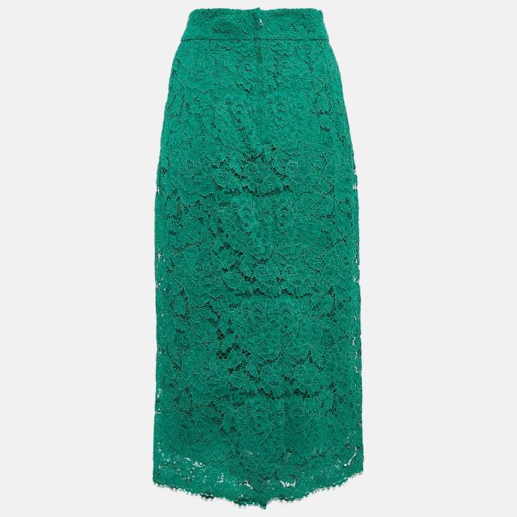 Pre Owned Dolce & Gabbana Green Lace Pencil Midi Skirt M