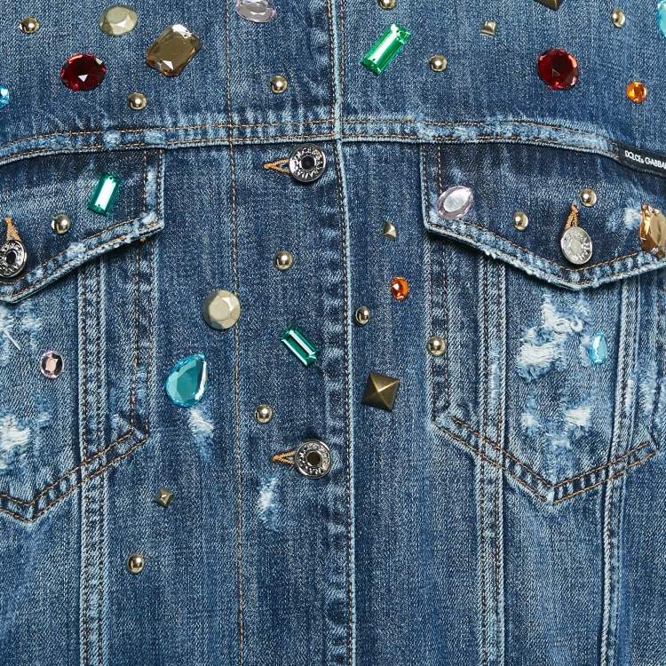 Pre Owned Dolce & Gabbana Blue Rhinestone Detail Denim Button Front Jacket S