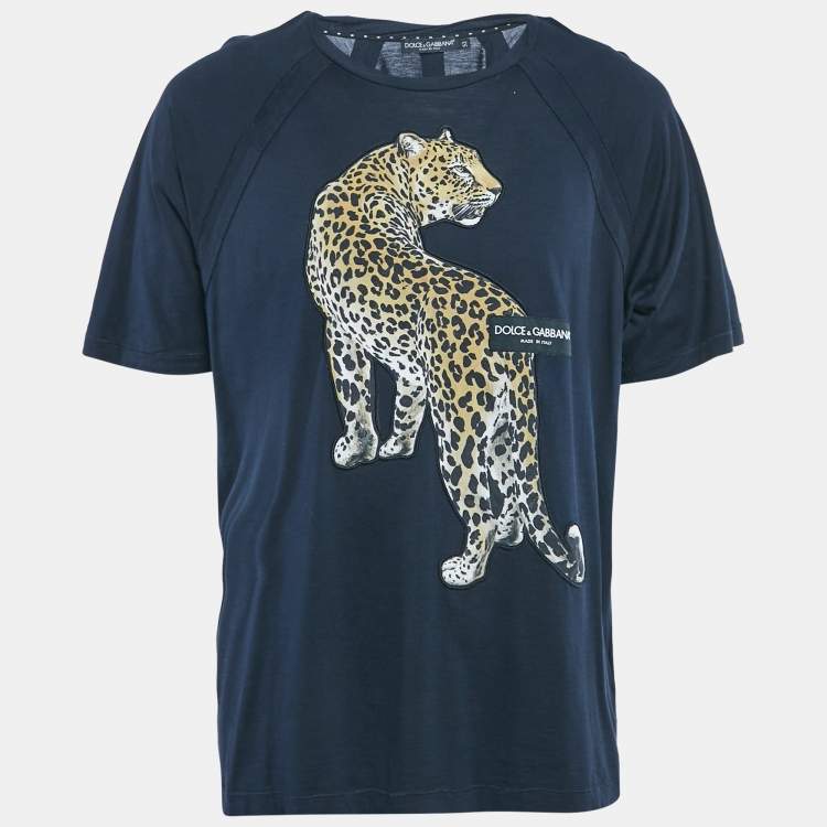 Pre Owned Dolce & Gabbana Navy Blue Leopard Applique Jersey T-Shirt XL
