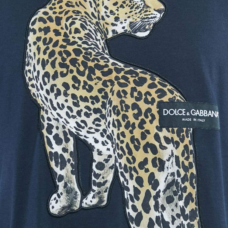 Pre Owned Dolce & Gabbana Navy Blue Leopard Applique Jersey T-Shirt XL