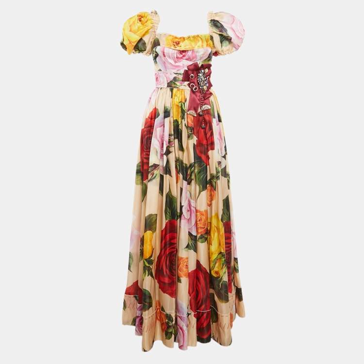 Pre Owned Dolce & Gabbana Sartoria Multicolor Floral Print Silk Crystal Embellished Gown M