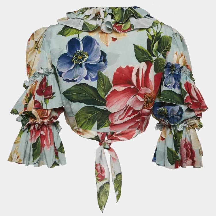 Pre Owned Dolce & Gabbana Multicolor Floral Print Ruffled Tie-Up Detail Crop Shirt S