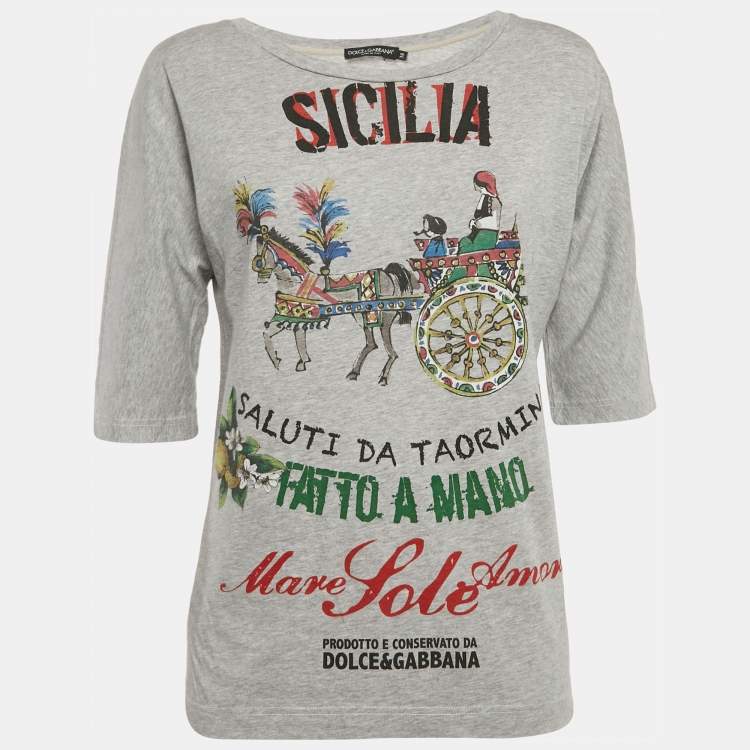 Pre Owned Dolce & Gabbana Grey Sicilia Print Jersey Crew Neck T-Shirt S