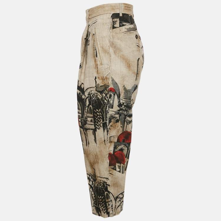 Pre Owned Dolce & Gabbana Beige Printed Linen Pleated Trousers XL