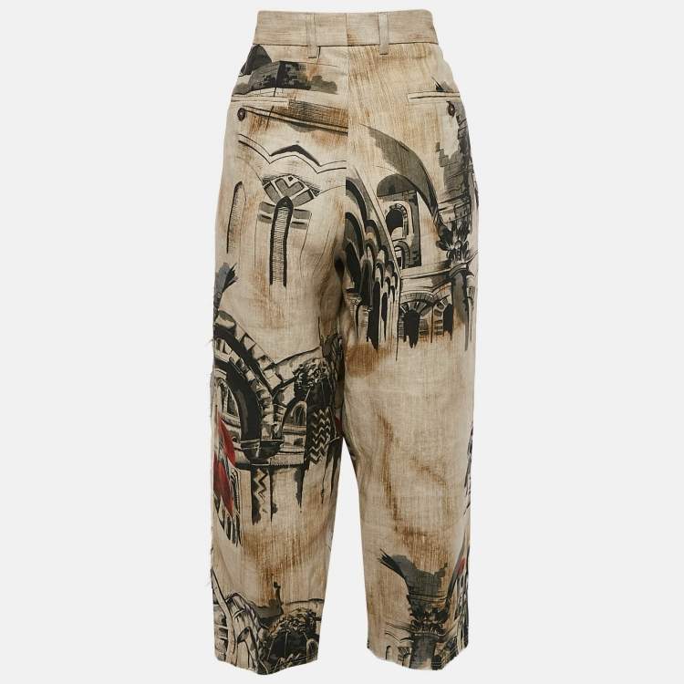 Pre Owned Dolce & Gabbana Beige Printed Linen Pleated Trousers XL
