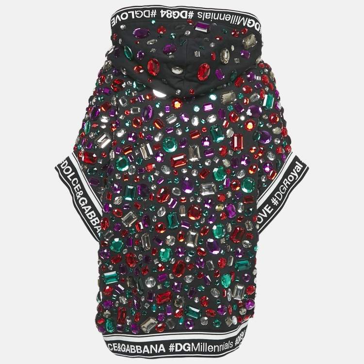 Pre Owned Dolce & Gabbana Black Crystal Embellished Short Sleeve Hooded Sweatshirt S