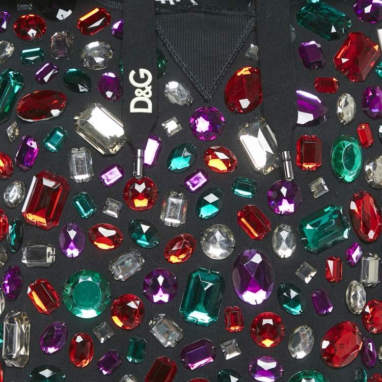 Pre Owned Dolce & Gabbana Black Crystal Embellished Short Sleeve Hooded Sweatshirt S