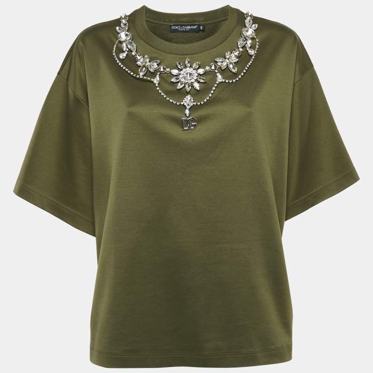 Pre Owned Dolce & Gabbana Olive Green Cotton Stud Embellishment Detail Crew Neck T-Shirt L