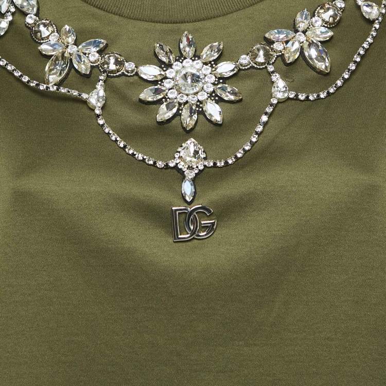 Pre Owned Dolce & Gabbana Olive Green Cotton Stud Embellishment Detail Crew Neck T-Shirt L