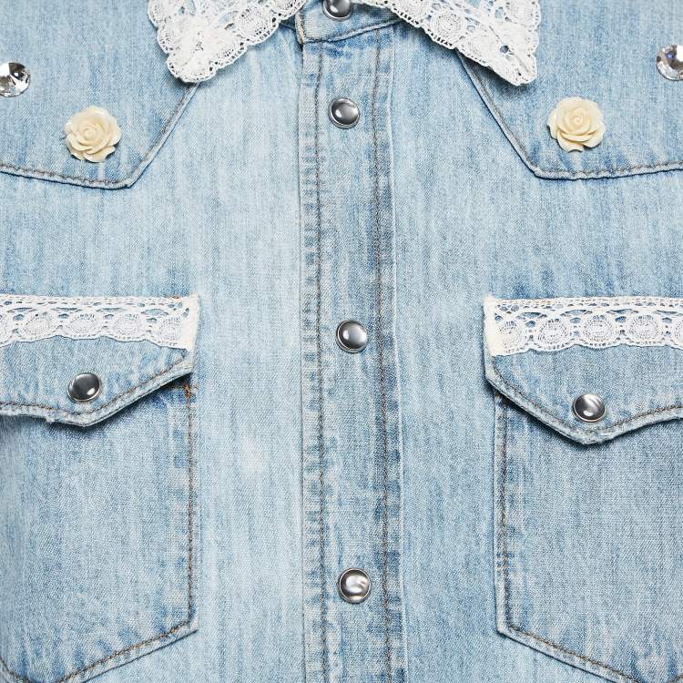 Pre Owned Dolce & Gabbana Blue Denim Stud and Trim Detail Cropped Jacket S