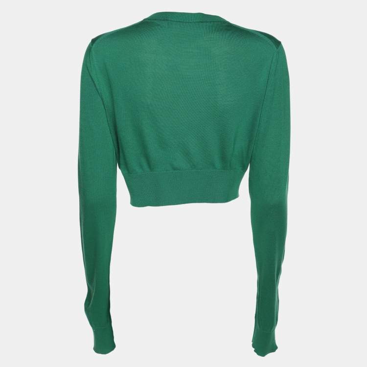 Pre Owned Dolce & Gabbana Green Silk Rib Knit Button Front Cropped Cardigan S