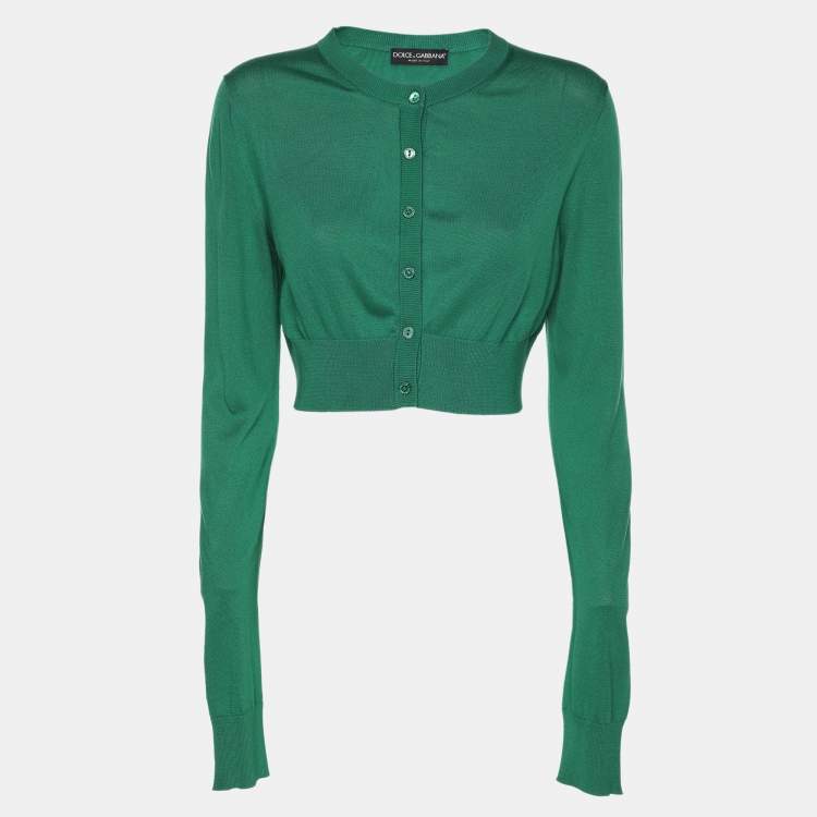 Pre Owned Dolce & Gabbana Green Silk Rib Knit Button Front Cropped Cardigan S