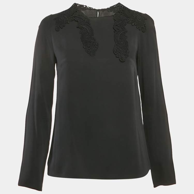 Pre Owned Dolce & Gabbana Black Lace Trim Stretch Silk Long Sleeve Top S