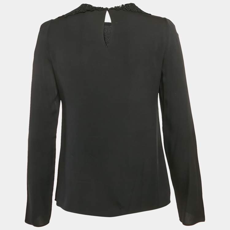 Pre Owned Dolce & Gabbana Black Lace Trim Stretch Silk Long Sleeve Top S