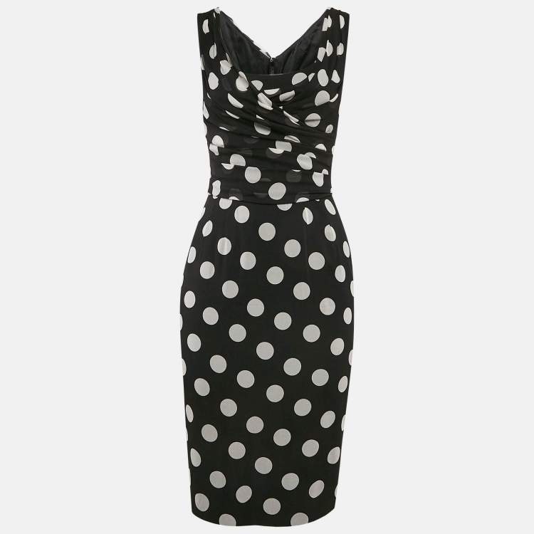 Pre Owned Dolce & Gabbana Black Polka Dot Silk Draped Sleeveless Short Dress S