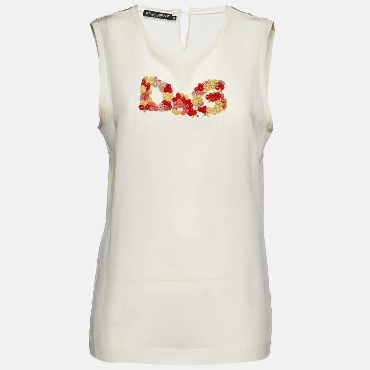 Pre Owned Dolce & Gabbana Cream Silk Floral Logo Detail Sleeveless Top M