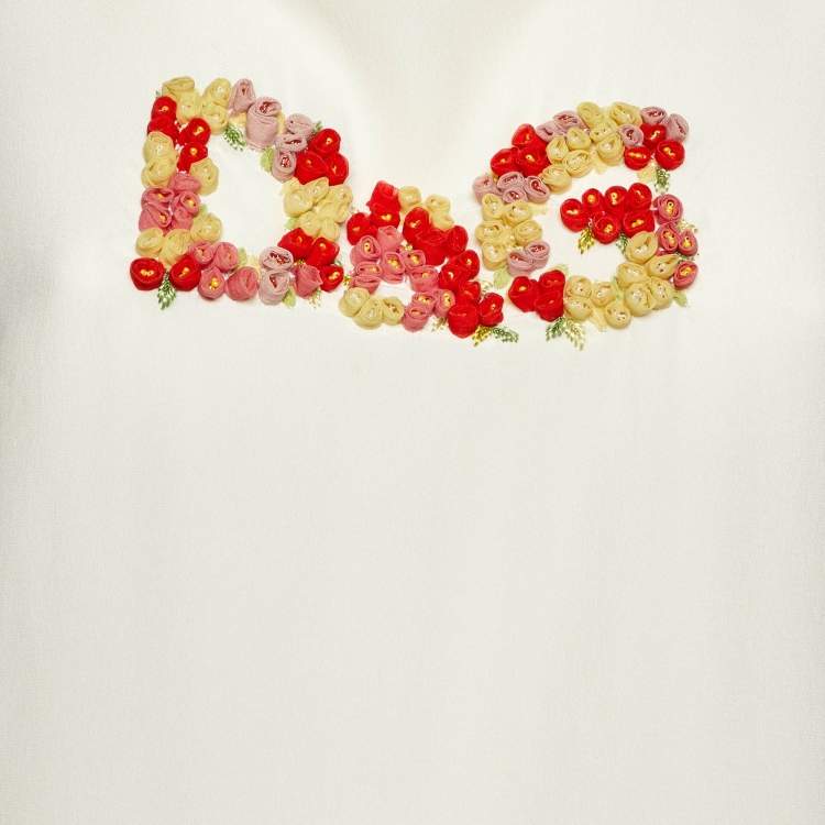 Pre Owned Dolce & Gabbana Cream Silk Floral Logo Detail Sleeveless Top M