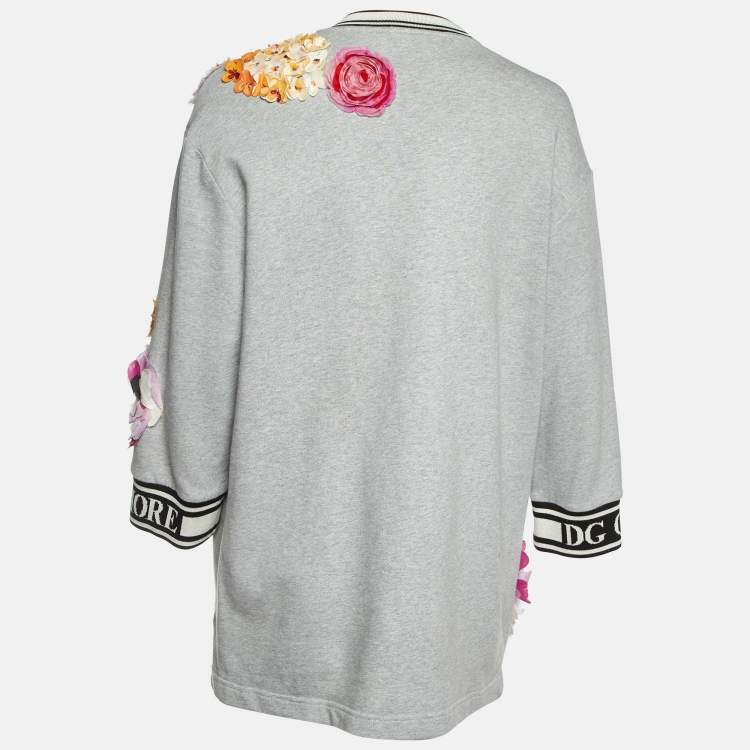 Pre Owned Dolce & Gabbana Grey Cotton Floral Appliqued Crew Neck Sweatshirt M