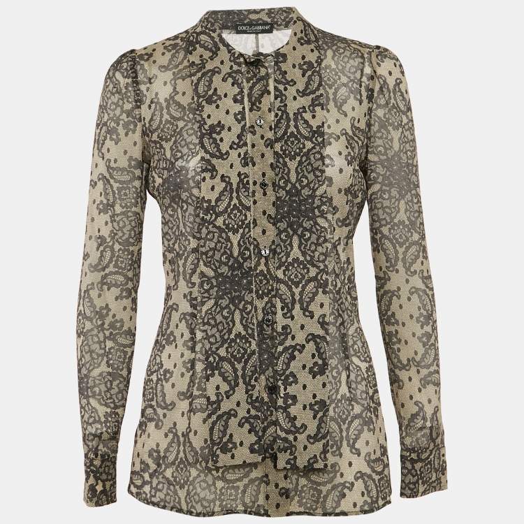 Pre Owned Dolce & Gabbana Cream Lace Print Silk Shirt S