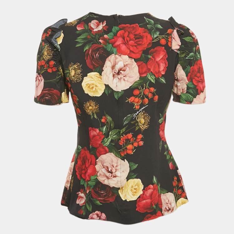 Pre Owned Dolce & Gabbana Black Floral Print Crepe Frill Detail Top M