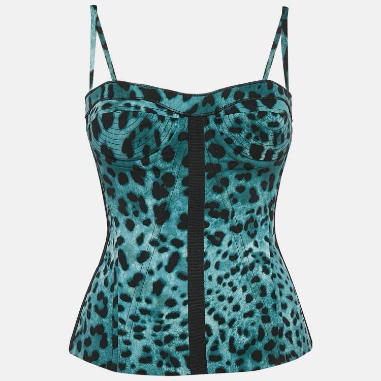 Pre Owned Dolce & Gabbana Green Leopard Print Satin Corset Top S