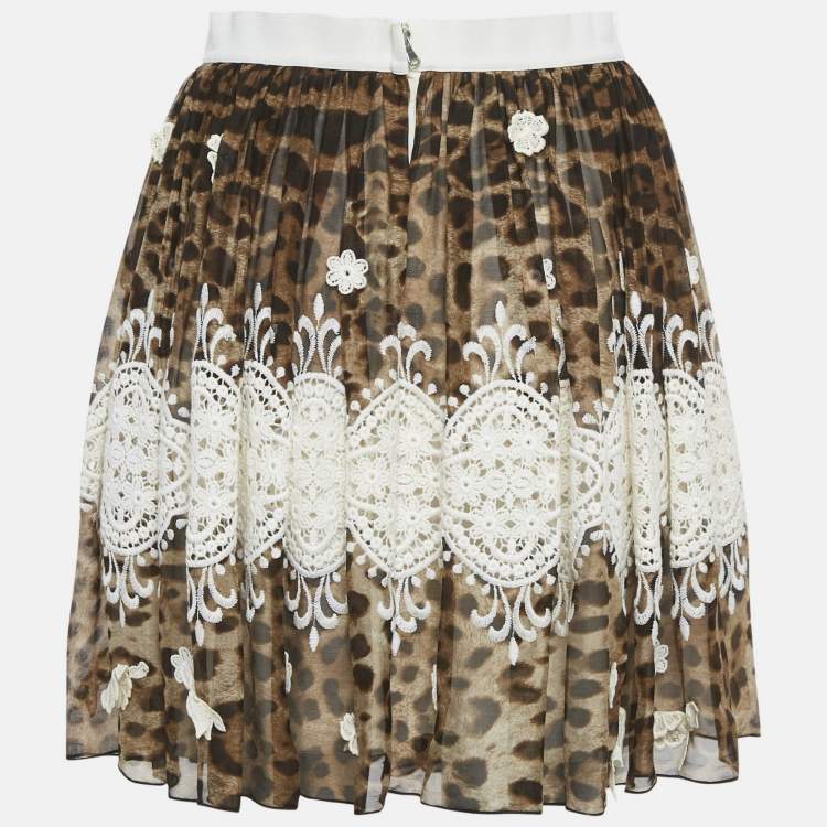 Pre Owned Dolce & Gabbana Brown Leopard Print Lace Trim Silk Mini Skirt S