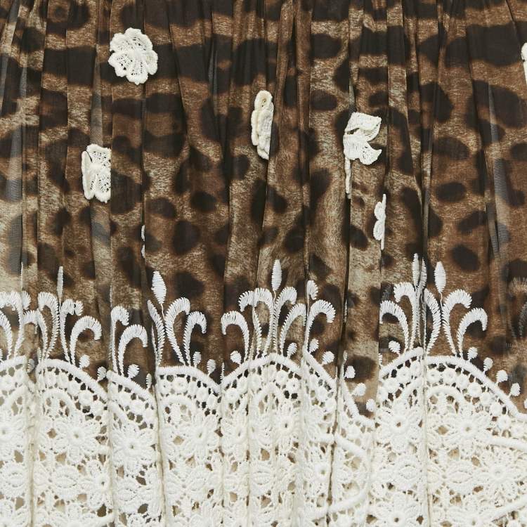 Pre Owned Dolce & Gabbana Brown Leopard Print Lace Trim Silk Mini Skirt S