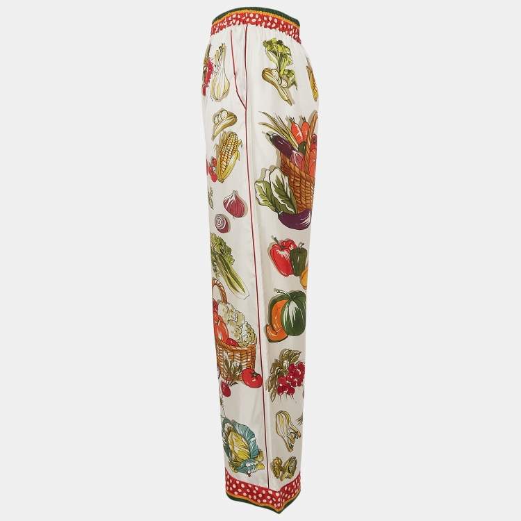 Pre Owned Dolce & Gabbana White Vegetable Print Satin Wide-Leg Pants S