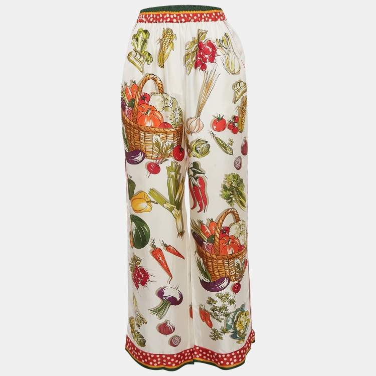 Pre Owned Dolce & Gabbana White Vegetable Print Satin Wide-Leg Pants S