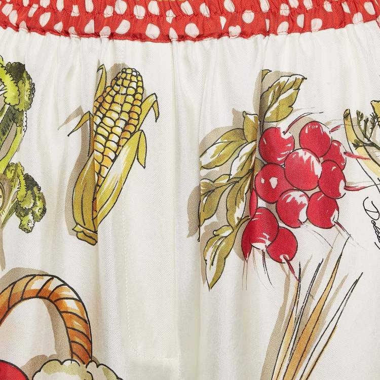 Pre Owned Dolce & Gabbana White Vegetable Print Satin Wide-Leg Pants S
