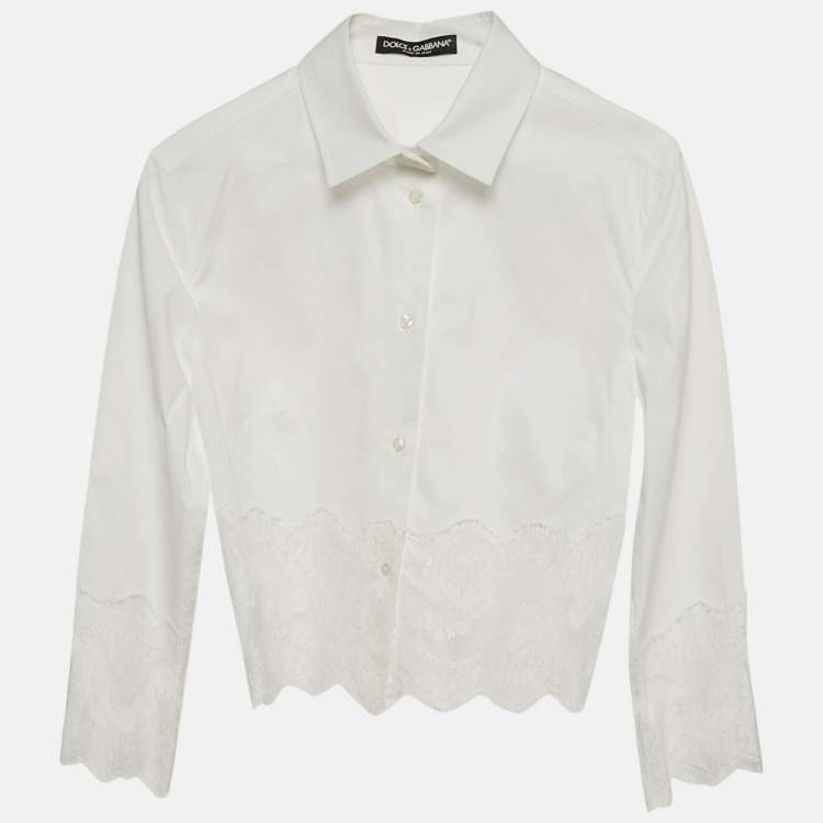 Pre Owned Dolce & Gabbana White Lace Trim Cotton Crop Shirt M
