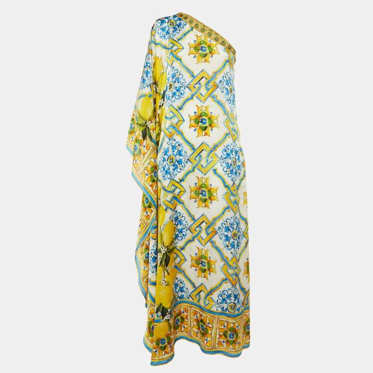 مملوكة مسبقًا Dolce & Gabbana White Majolica Lemon Print Silk One Shoulder Dress S