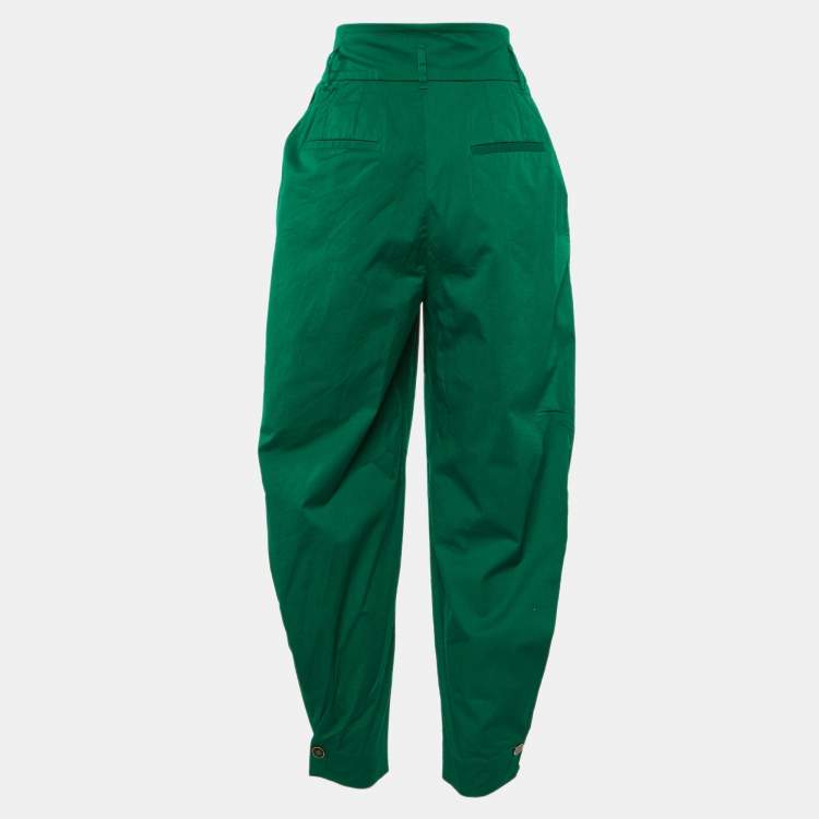 Pre Owned Dolce & Gabbana Green Cotton Pleat Detail Tapered Trousers M