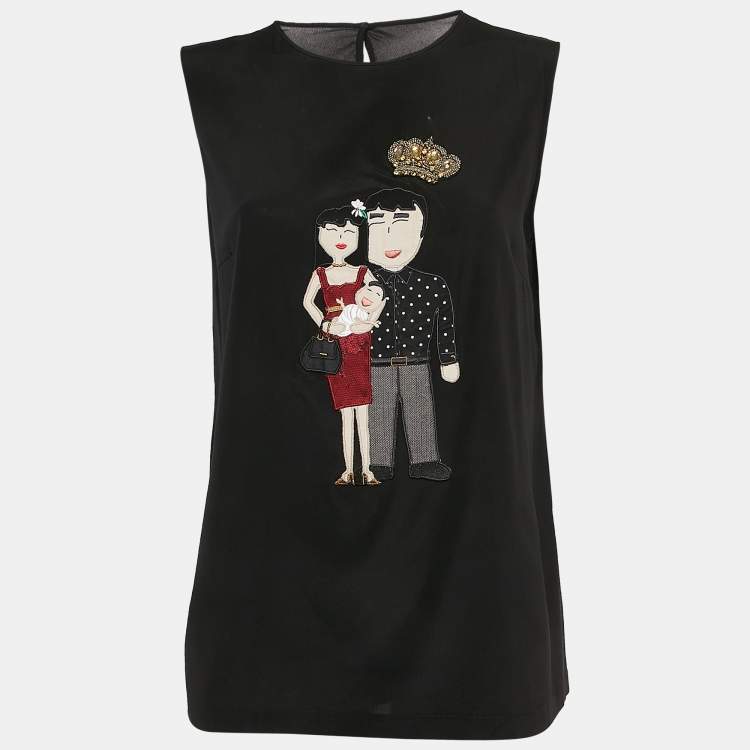 Pre Owned Dolce & Gabbana Black DG Family Applique Silk Sleeveless Top M