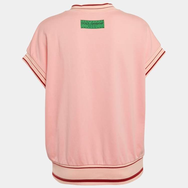 Pre Owned Dolce & Gabbana Pink Printed Cotton Contrast Trim Detail Crew Neck T-Shirt S