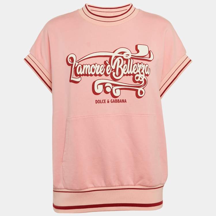 Pre Owned Dolce & Gabbana Pink Printed Cotton Contrast Trim Detail Crew Neck T-Shirt S