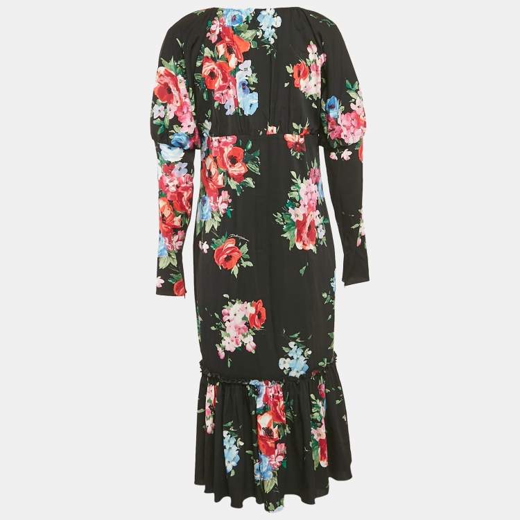 Pre Owned Dolce & Gabbana Black Floral Print Silk Flounce Midi Dress M