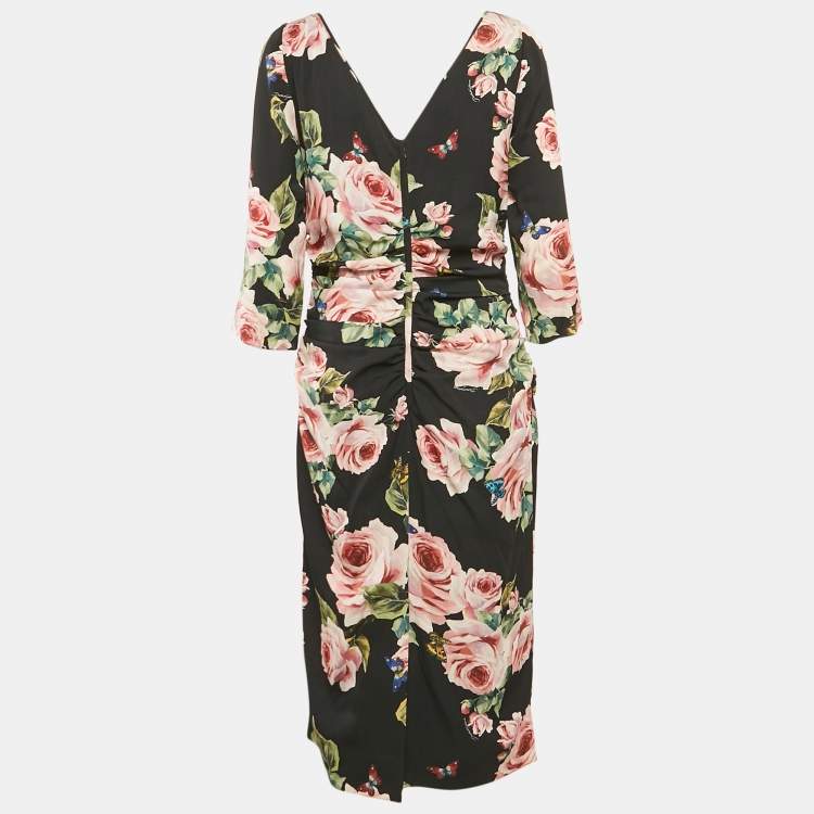 Pre Owned Dolce & Gabbana Black Floral Print Silk Drape Detail Dress L