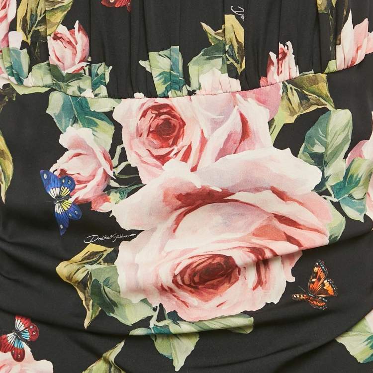 Pre Owned Dolce & Gabbana Black Floral Print Silk Drape Detail Dress L