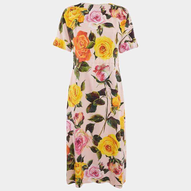 Pre Owned Dolce & Gabbana Pink/Multicolor Floral Print Crepe Button Detail Midi Dress M