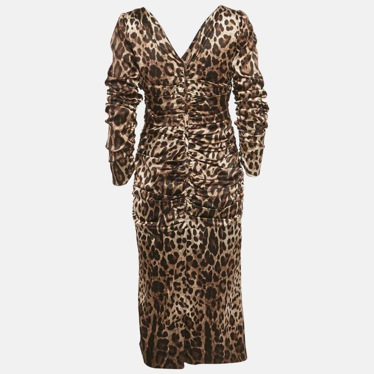 مملوكة مسبقًا Dolce & Gabbana Brown Animal Print Silk Ruched Midi Dress L