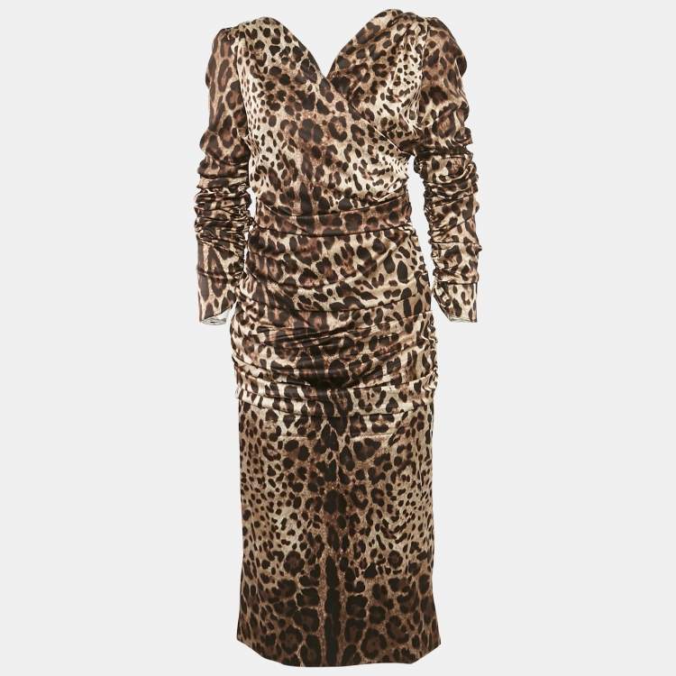 مملوكة مسبقًا Dolce & Gabbana Brown Animal Print Silk Ruched Midi Dress L