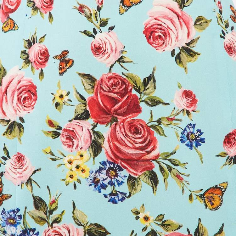 Pre Owned Dolce & Gabbana Blue Floral Print Silk Flounce Midi Skirt L