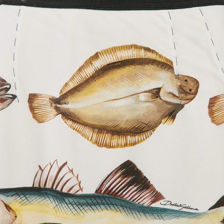 Pre Owned Dolce & Gabbana Off White Fish Print Crepe Midi Skirt S