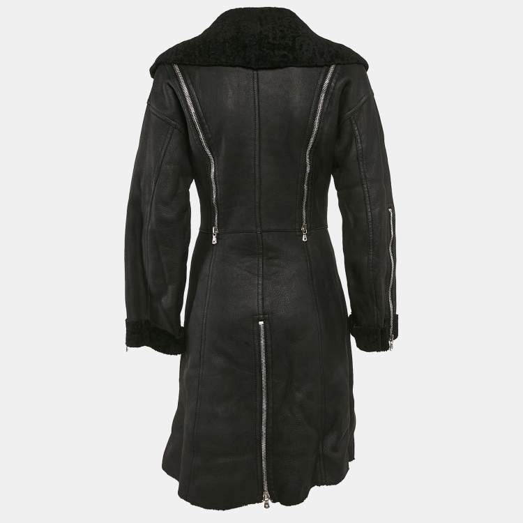 Pre Owned Dolce & Gabbana Black Leather and Fur Zip Detail Double Breasted Coat S