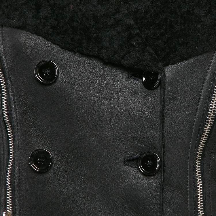Pre Owned Dolce & Gabbana Black Leather and Fur Zip Detail Double Breasted Coat S
