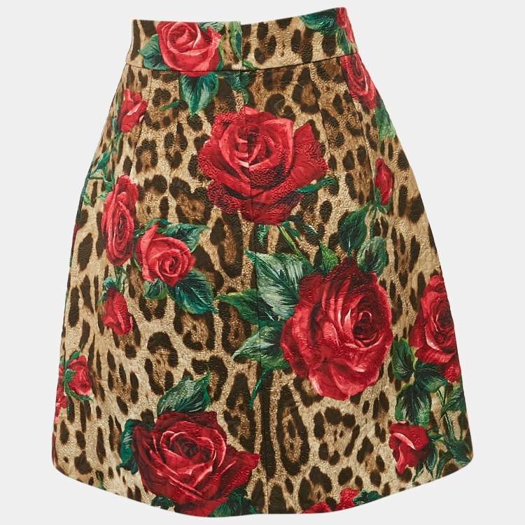 Pre Owned Dolce & Gabbana Brown Rose and Leopard Print Jacquard Mini Skirt S