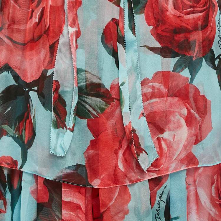 Pre Owned Dolce & Gabbana Blue Floral Print Silk Blouse and Skirt Set L